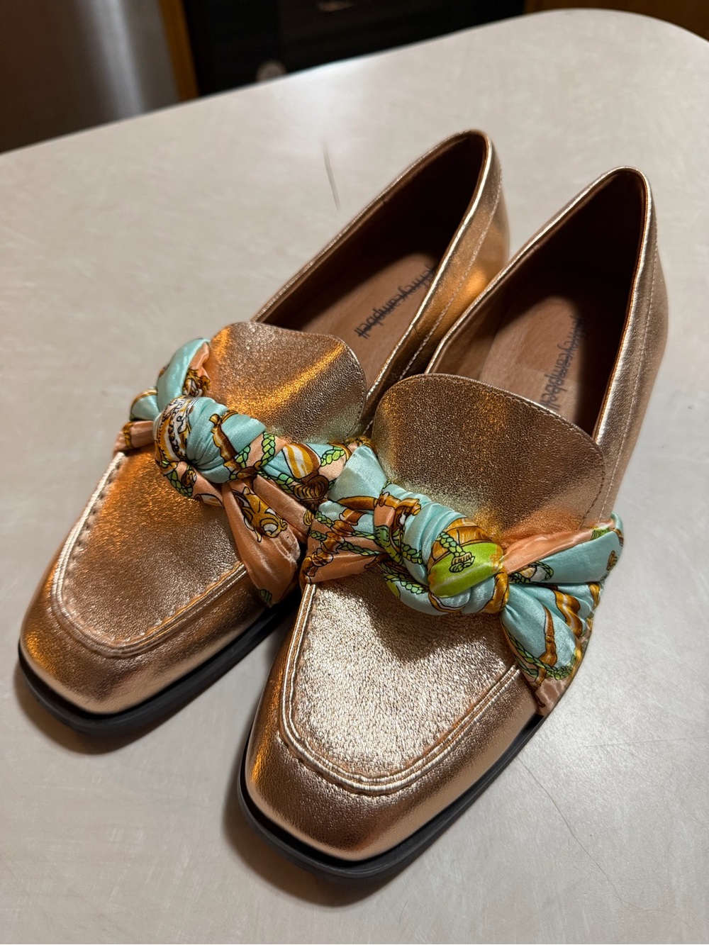 Jeffrey Campbell Metallic Rose Gold Loafers with Twisted Multicolor Scarf